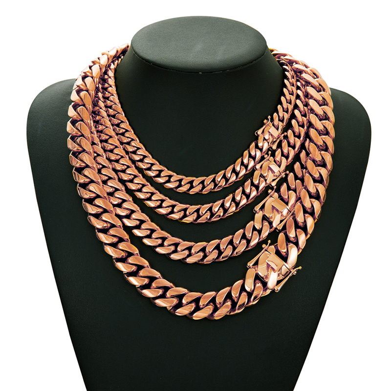 Hip Hop 10mm-22mm Stainless Steel Miami Cuban Chain Necklace Bracelet Rose Gold Plated