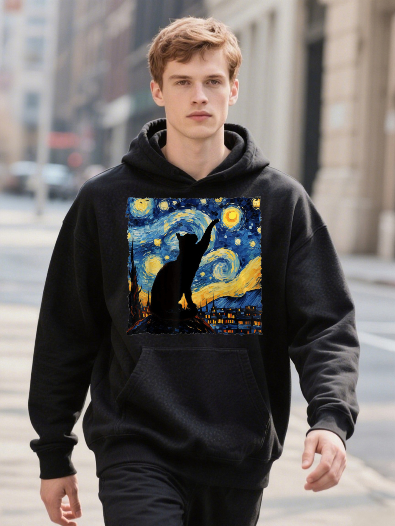 Classic Hoodie Van Gogh Vintage Starry Night Retro Cat Paws Selected Pure Cotton Interesting Design DIY