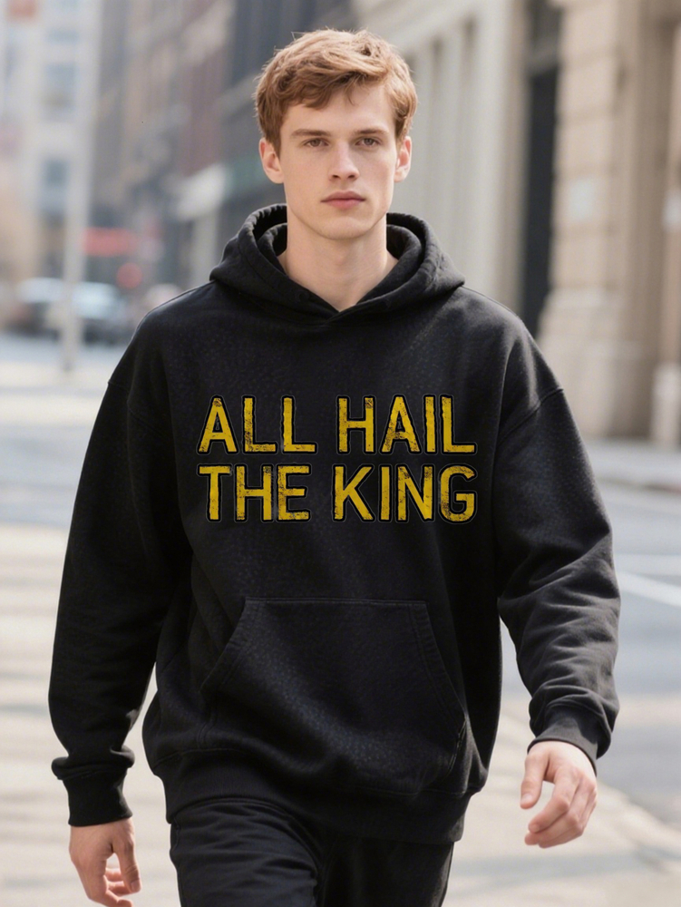 Men s Casual Hoodie Crew ALL HAL HE KING Graphic Print Black with Yellow Lettering Lightweight