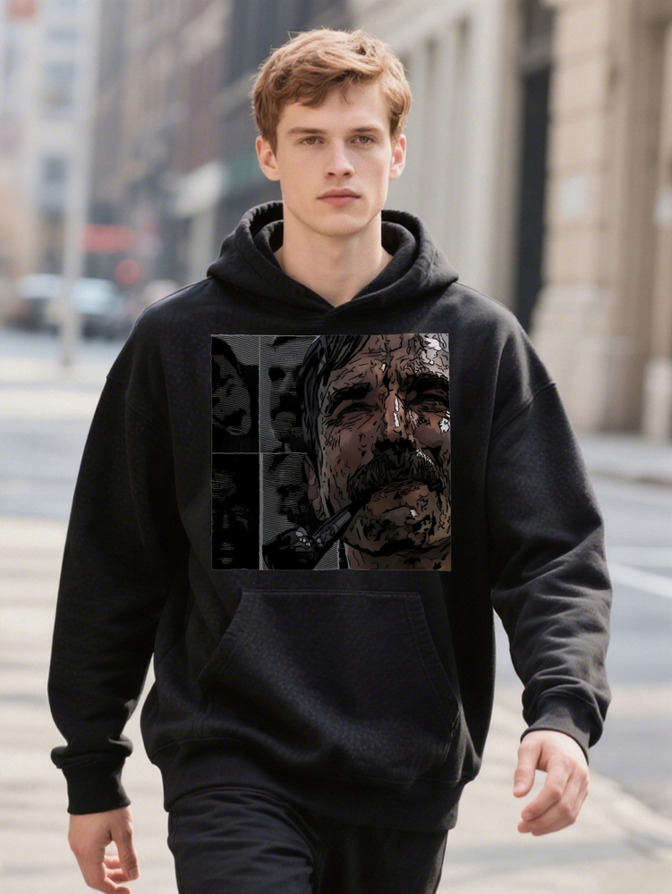 Men S Casual Crew Hoodie with Intricate Bearded Man Print Black Soft Fabric Perfect for Everyday