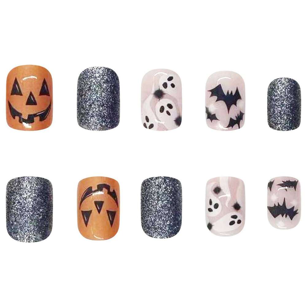 24pcs Halloween Fake With Black Ghost Bat Pumpkin Design Wearable Colorful Glitter Short Square False Press On Nails X250816