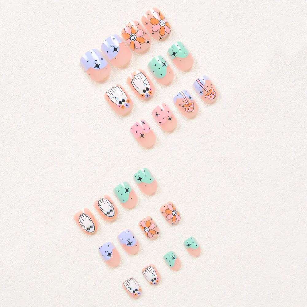 24Pcs Halloween-Themed Press-On Nails Set, Floral Festive Elements Design, Glossy Finish with Jelly Glue & Nail File Included X250816