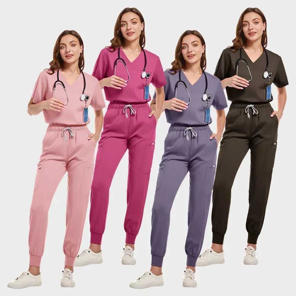 Multicolour Jogger Suit Nurse Scrubs Set Medical Clinical Clothes Doctor Nursing Uniforms Short Sleeve V-neck Tops Pocket Pants M250814