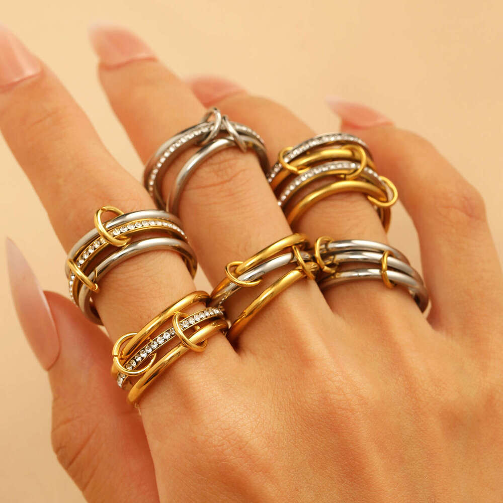 Ring Stainless Steel Multi Layer Color Block Stacking Geometric Band for Daily Wear Special Occasion Gift High Quality Texture