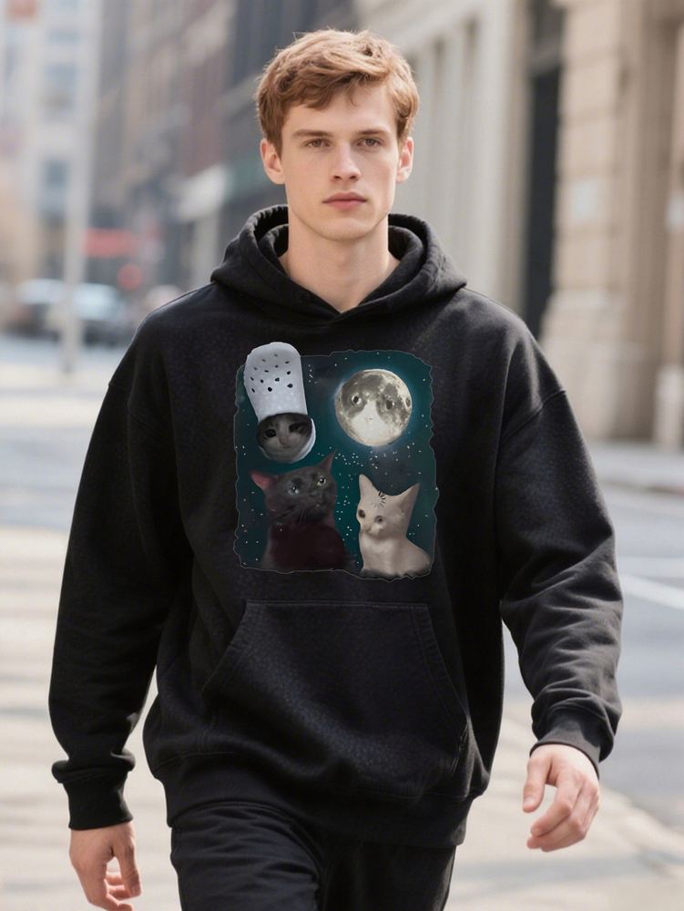 Men S Casual Crew Cat And Moon Print Knit With Slight Stretch Regular Fit Hoodie Perfect
