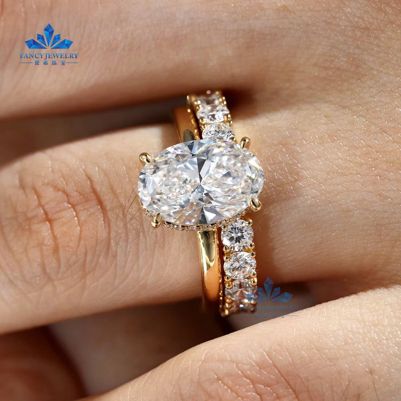 Custom Made Oval Lab Grown Diamond 4ct D Vs1 VVS 10k 14k 18k Yellow Gold Ring Set Hidden Halo Unique Engagement Ring Set