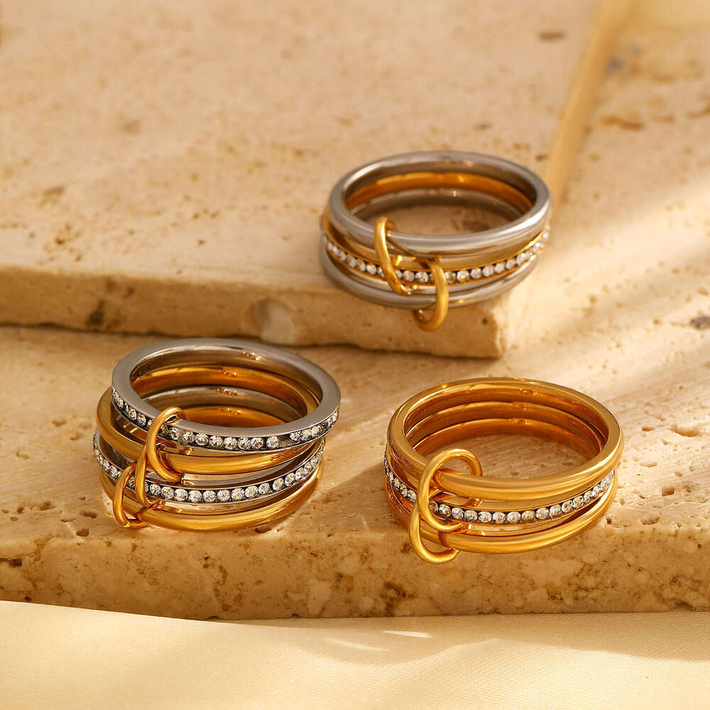 Ring Stainless Steel Multi Layer Color Block Stacking Geometric Band for Daily Wear Special Occasion Gift High Quality Texture