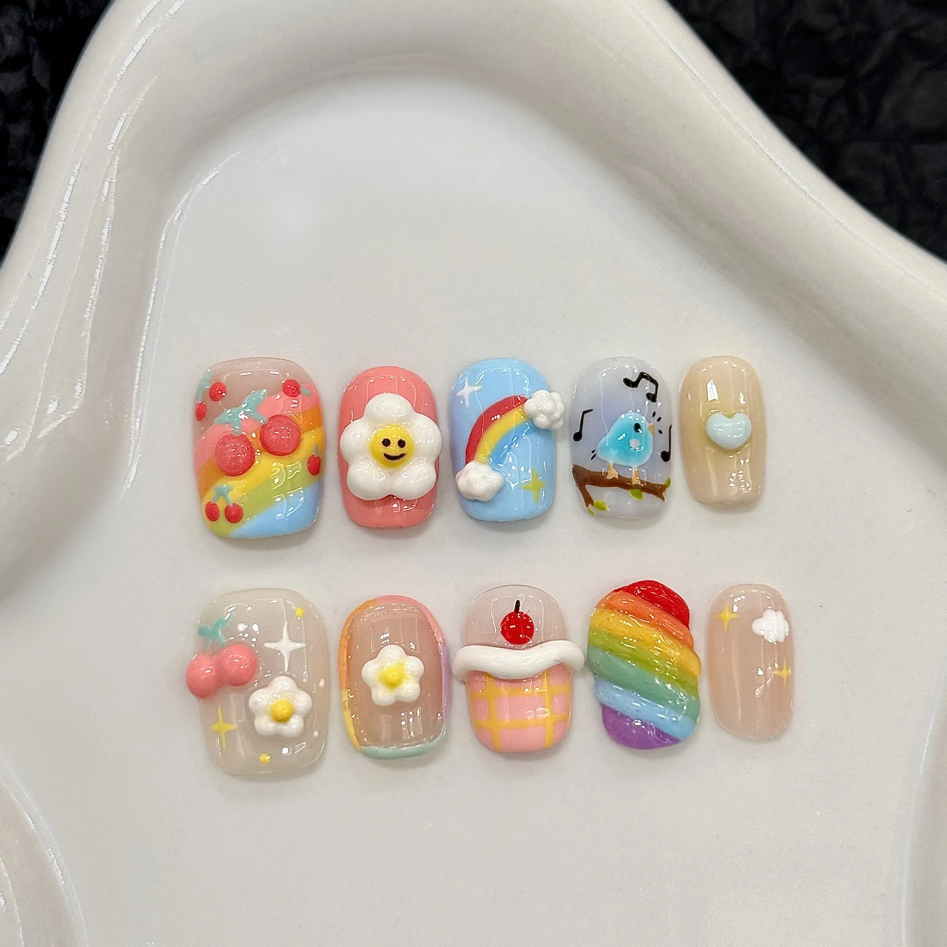 10Pcs Cartoon Pattern Handmade Press on Cute Fake Wearable Stick-on Nails Full Cover False Nail X250816