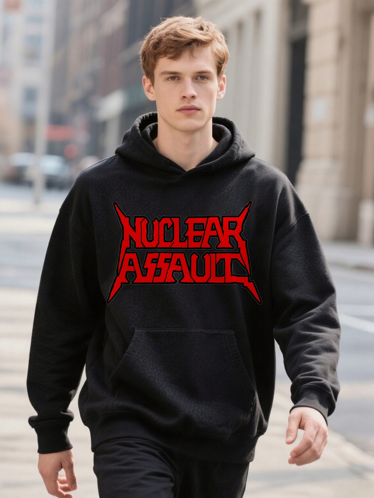 Men S Crew with NUCLEAR ASSAUL Red Print Sharp Angle Design Style Regular Gift for Him Hoodie Casual