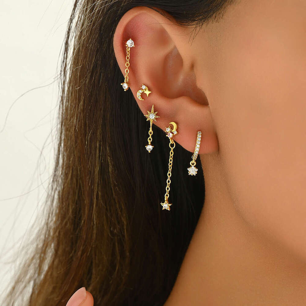 Ins Style Niche Design Inlaid with Zircon Star Versatile Ear Bone Stud Set Simple Earrings