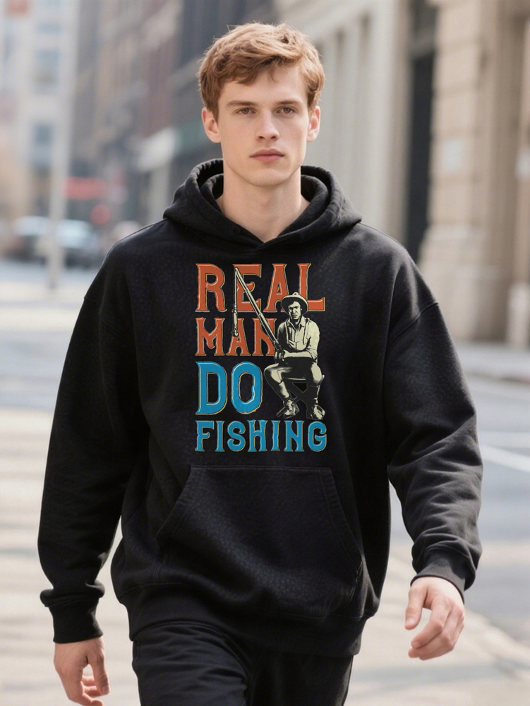 Men s Casual Crew with REAL Man DO FISHING Graphic Print Black Lightweight Hoodie Essential 63eb0 1a52f