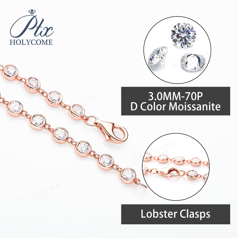 Luxury Sparkling 3mm Bezel Moissanite 925 Sterling Silver Women's Necklace Bracelet 18K Gold Plated Bling Tennis Chain Fashionable Jewelry Gift