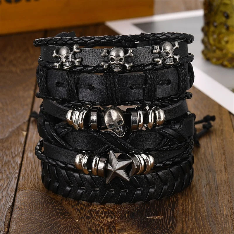 Fashion 6Pcs Set Gothic Punk Skull Star Metal Multilayer Leather Bracelet Men Bracelets Bangles Male Arm Jewelry Accessor designer bracelet women luxu - view 6