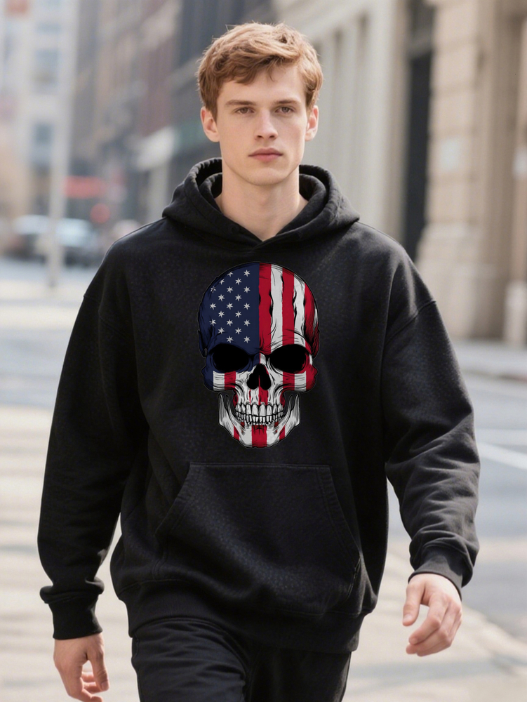Patriotic Skull Print Hoodie Casual ee Knit Fabric Regular Fit by