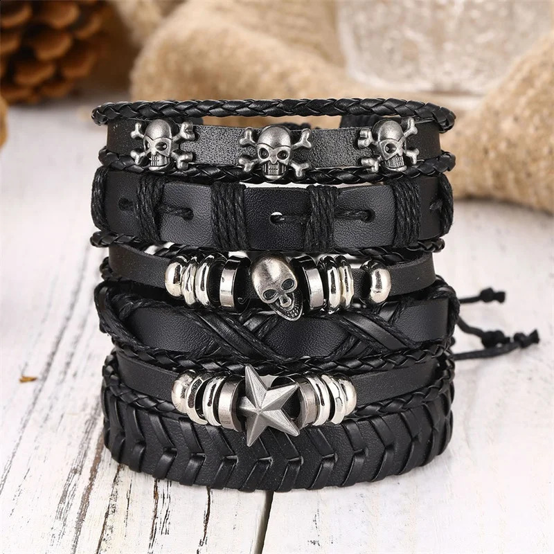 Fashion 6Pcs Set Gothic Punk Skull Star Metal Multilayer Leather Bracelet Men Bracelets Bangles Male Arm Jewelry Accessor designer bracelet women luxu - view 5