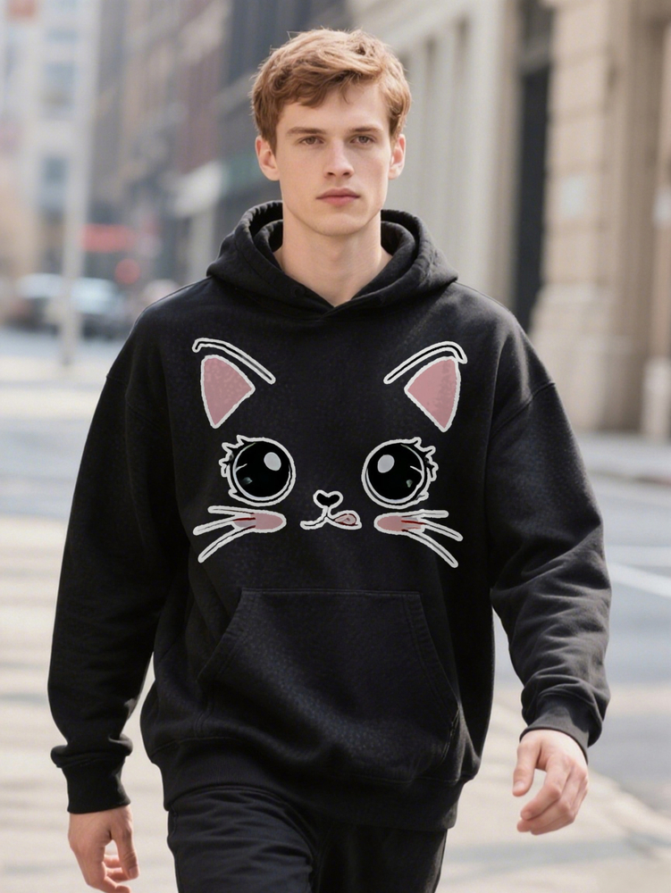 Men s Crew Hoodie with Cute Cat Face Graphic Print Soft Essential hine Washable a0016 d1c03