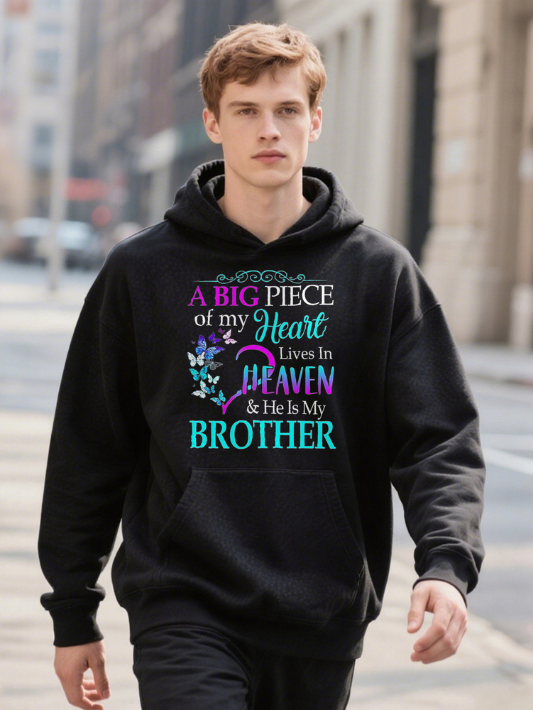 Cotton Men's Plus Size Graphic A Big Piece Hoodie Of Heart Lives In Heaven He Is My Brother Casual