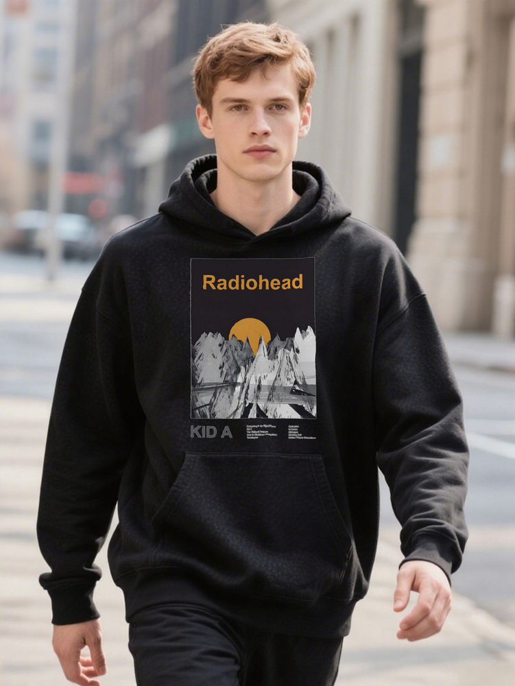 Hoodie Men s Radiohead A Album Graphic Black with Mountain Design Music Fan Merchandise Gift for Everyday