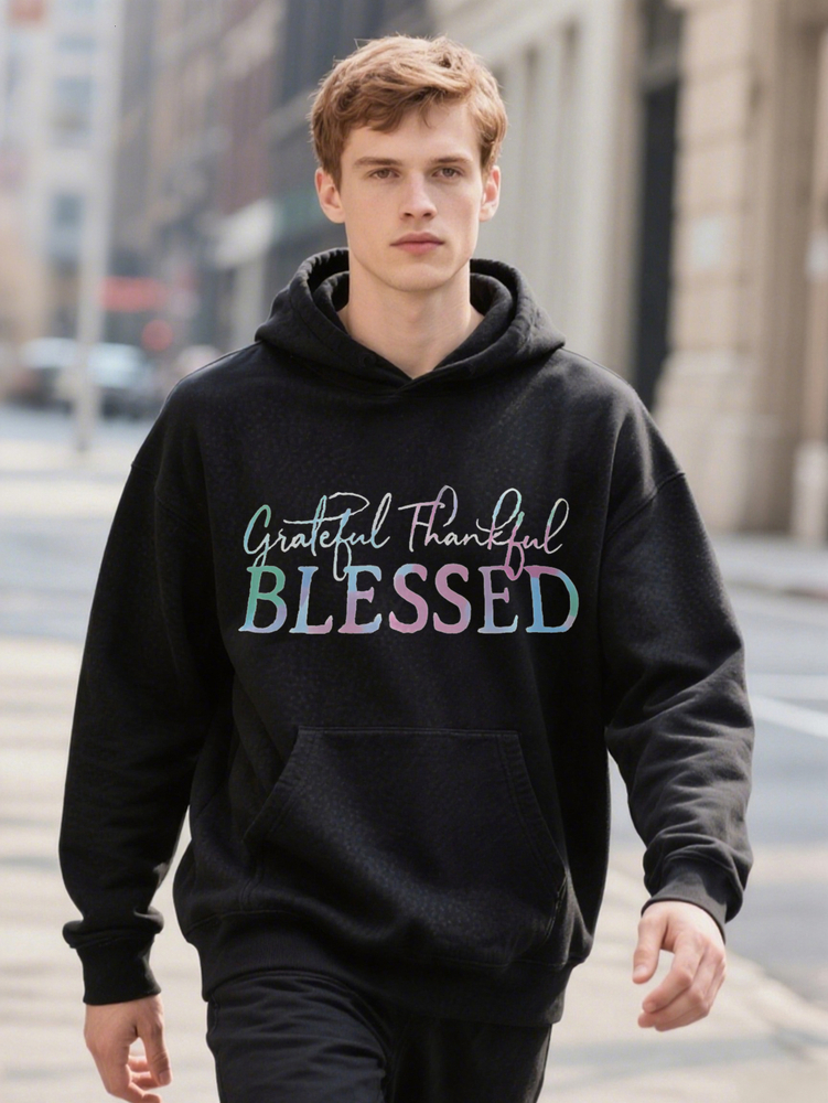 Grateful Hankful Blessed Men S Casual Crew Black Hoodie With Colorful Letter Print Lightweight