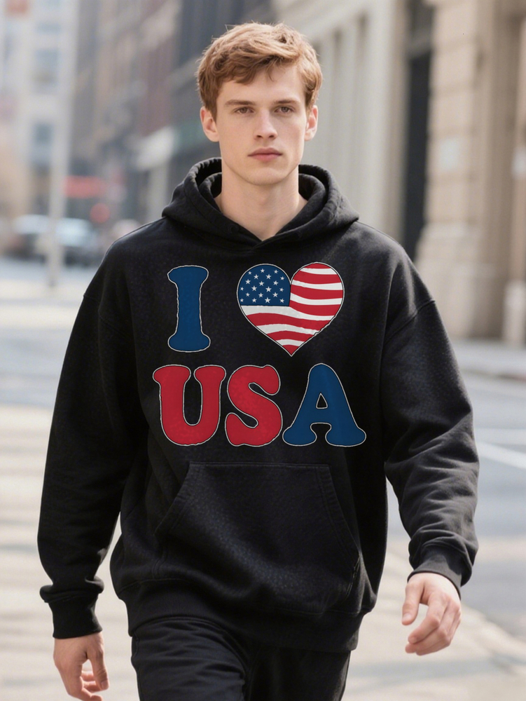 Essential Men s Patriotic I Love USA Hoodie Graphic Crew hine Washable Ideal Gift