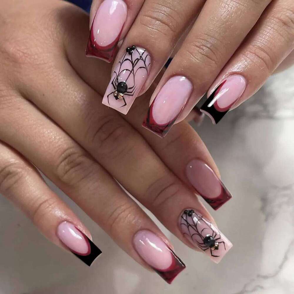 24pcs Red French Fake Nail Halloween Mid-length Square Set Press on Spider Rhinestone Design False Nails Reusable Manicure X250816