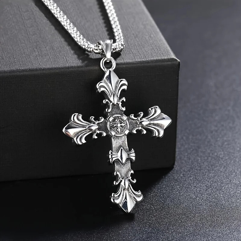 1pc Vintage Cross Pendant Necklace Men Stylish Gothic Style Inlay Diamonds Bilayer Cross With Stainless Steel Chain Jewelry Gift 250812