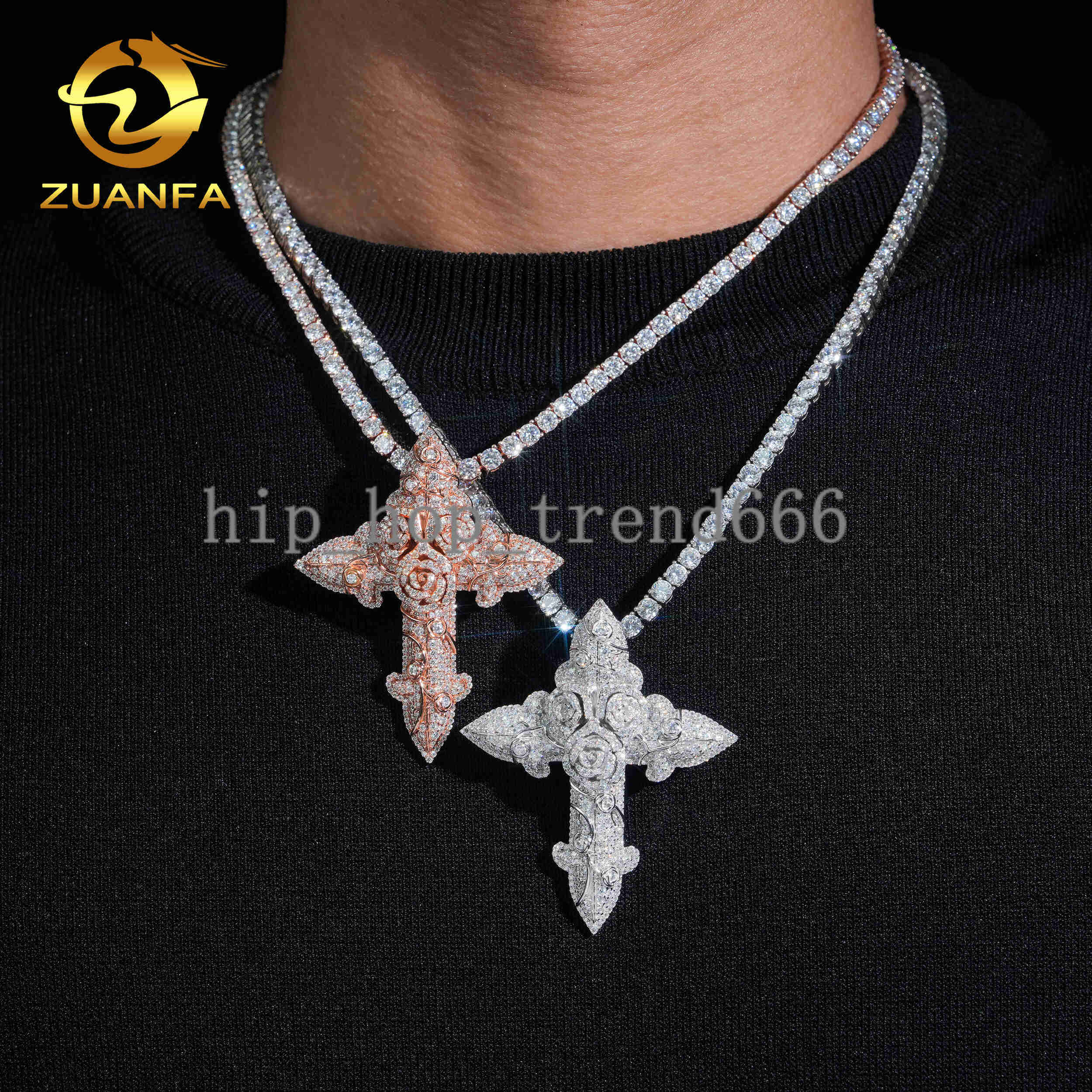 Luxury Rose Fine Hip Hop Moissanite Cross Charms Diamond Jewelry Iced Out 925 Silver VVS Moissanite Cross Pendant