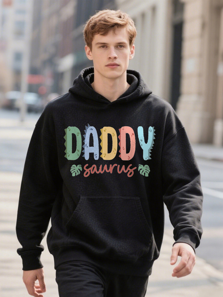 Daddy Saurus Dinosaur Men Plus Size L XL Black Casual Cotton With Playful Colorful Print Perfect Hoodie For