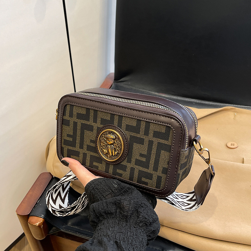 New Color Blocking Women's Printed Small Square Bag Mini Handbag Free Shipping Designer Fashion Wide Shoulder Strap Camera Bag Lightweight Should