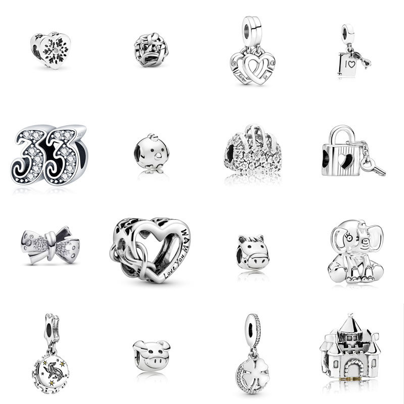 Silver S925 Designer Charm Love Clover Book Pendant Elephant Cow Pig Castle Digital Love Bow Hanging Bead Bracelet DIY Accessories Jewelry Free Shipping