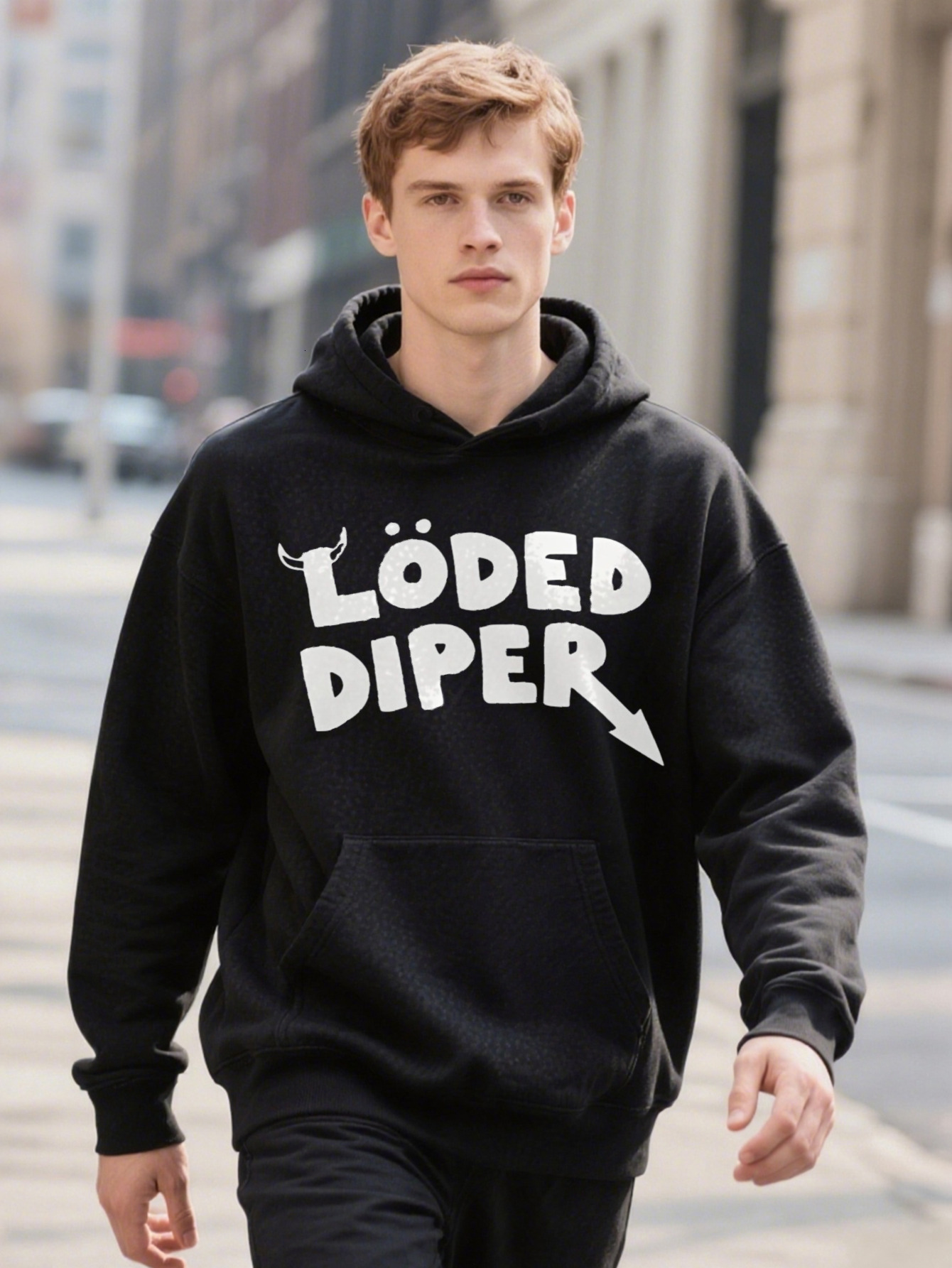 LODED Hoodie DIPER Graphic Black With Lettering Arrow Print Soft Faux Fur Texture Regular Fit