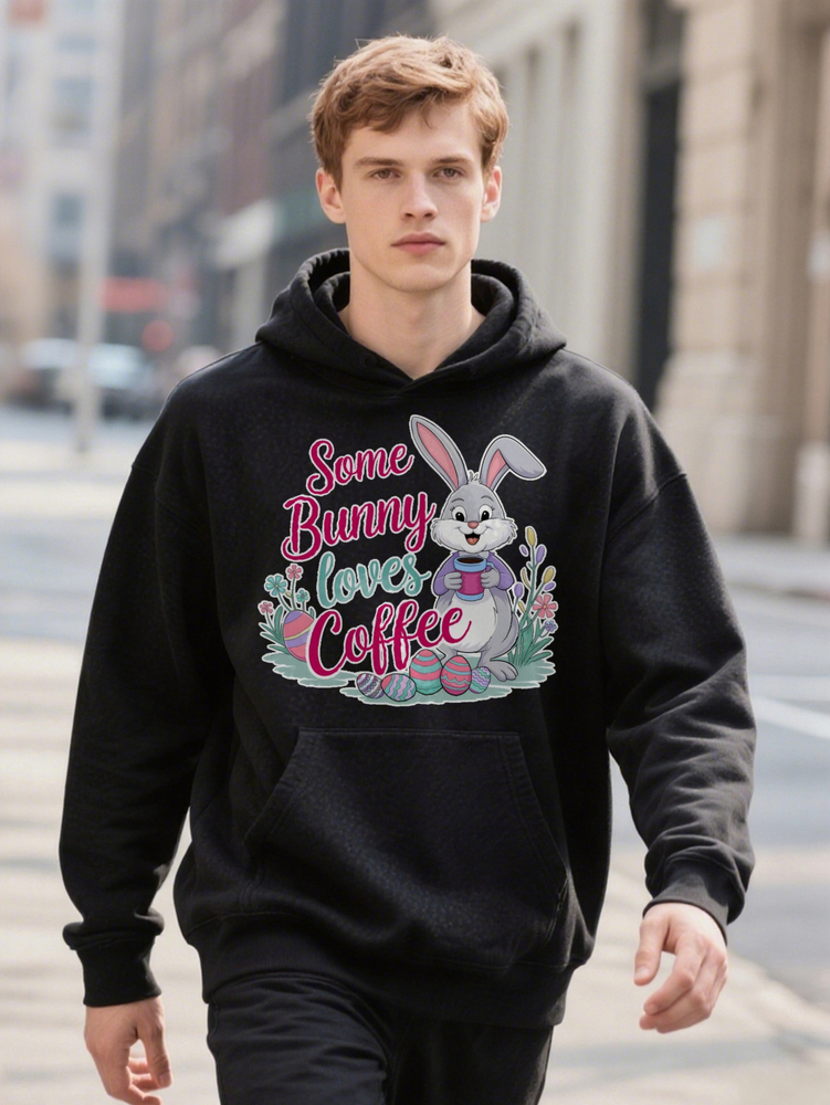 Men S Casual Crew Hoodie Some Bunny Loves Coffee Easter Print Blend Black With
