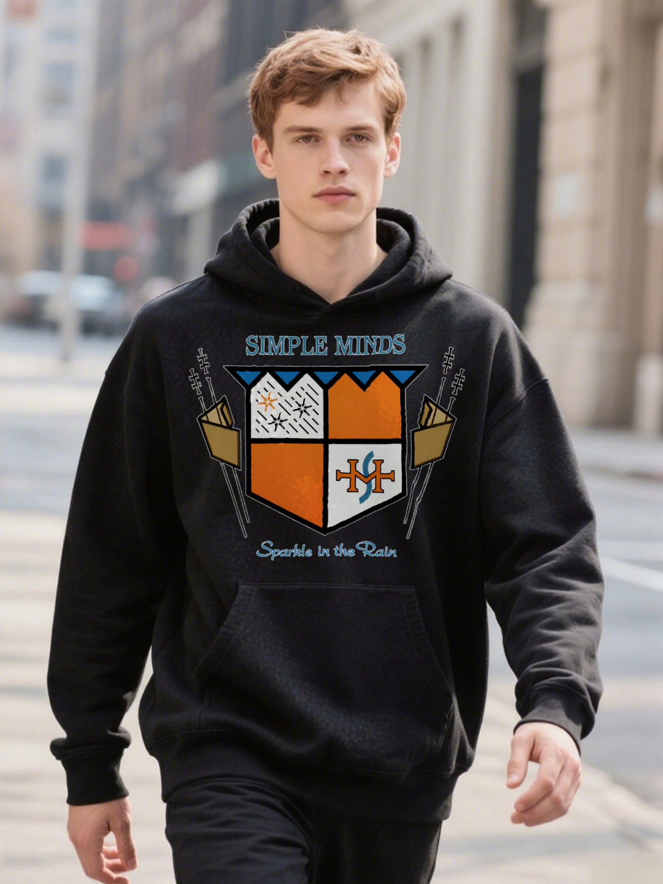 Men S Graphic SIMPLE MINDS Sparkle In The Rain Print With Musical Notes Umbrella Hoodie Design Black
