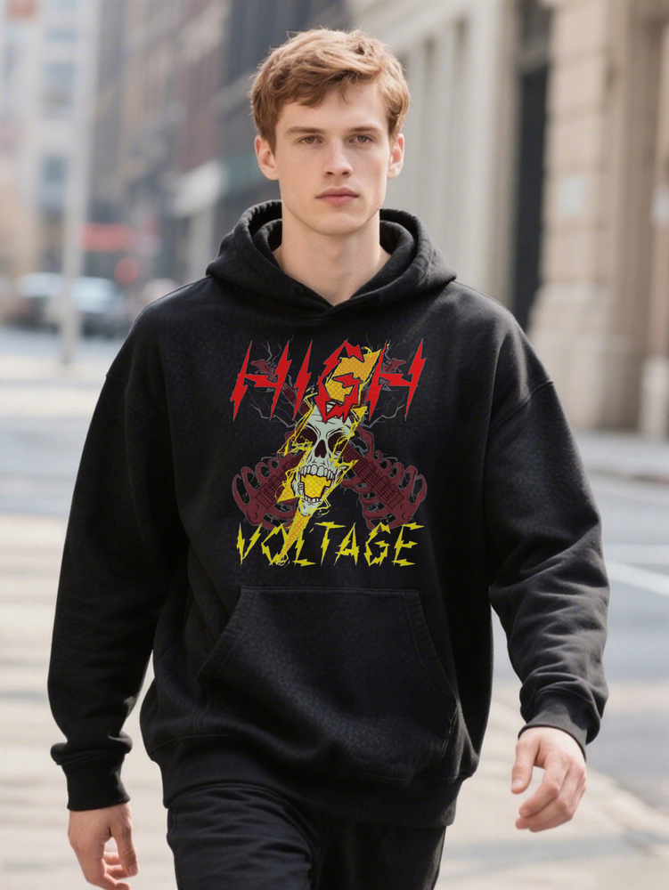 Men s Casual Crew with Bold HIGH VOLTAGE Graphic Print Black Lightweight Hoodie