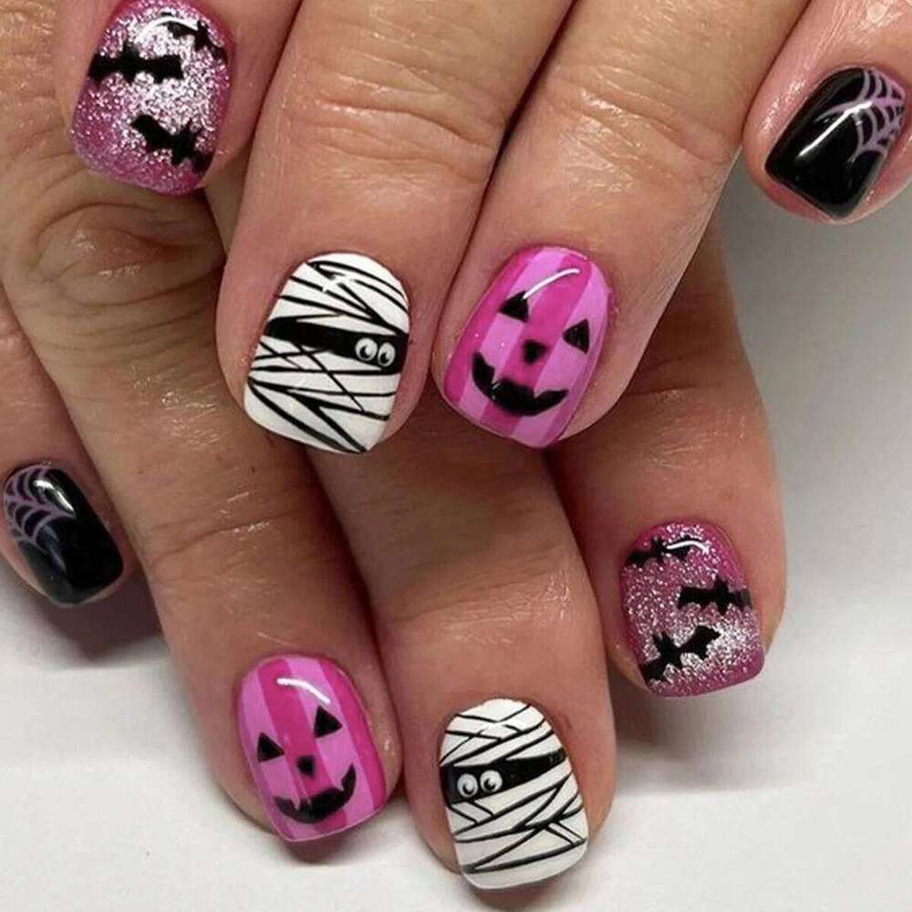 24Pcs Halloween False Ghosts Bats Fake Short Square Press on Nails Full Cover Nail Tips Manicure Tools X250816