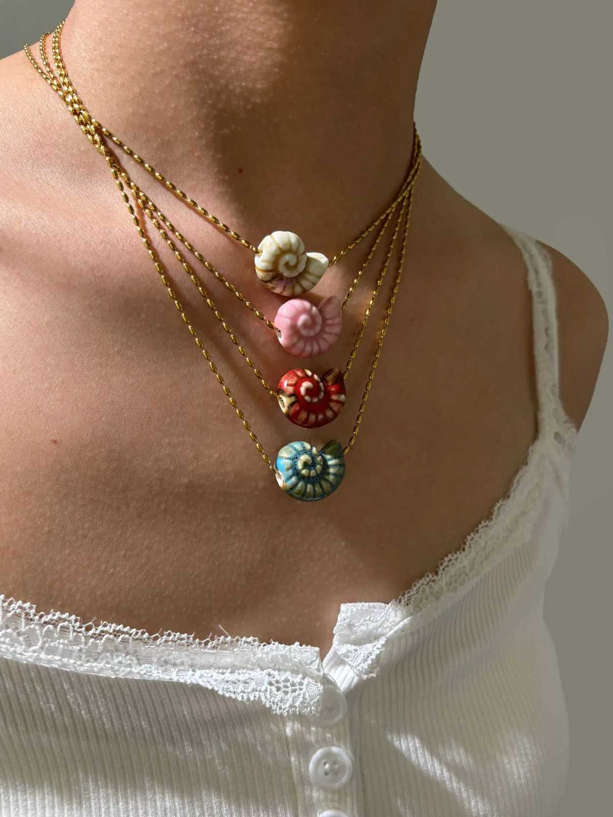 Perisbox New Cute Multicolour Ceramic Conch Pendant Necklace for Women Stainless Steel Chain Trendy Holiday Jewelry Gift Summer XJ250816