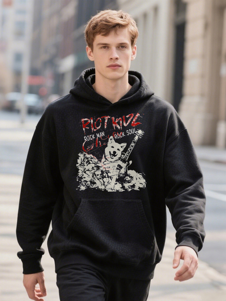 Hoodie Men's Casual Crew Rockstar Wolf Print Black Graphic ee Lightweight Style hine