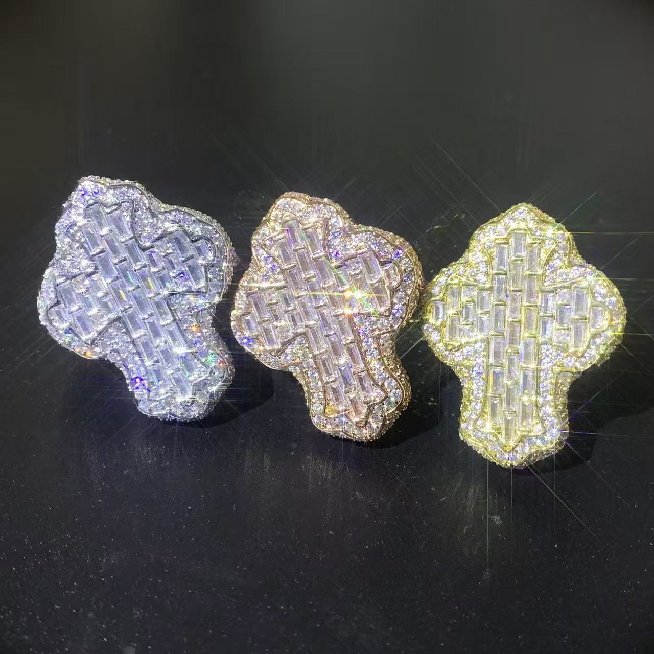 Men's Hip-Hop Style Gold Ring with Ice Set Baguette-Cut Moissanites - Pass Dia Tester Design