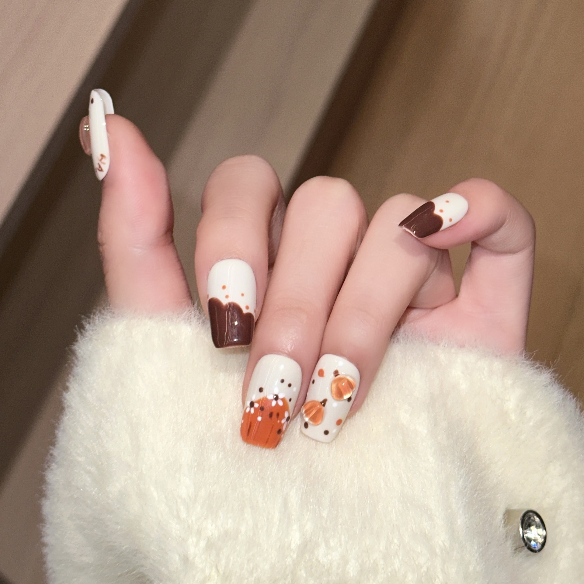 Halloween Cute 3D Crystal Pumpkin Press On Decor Handmade French False Short Ballerina Cartoon Fake Nails Wearable X250816