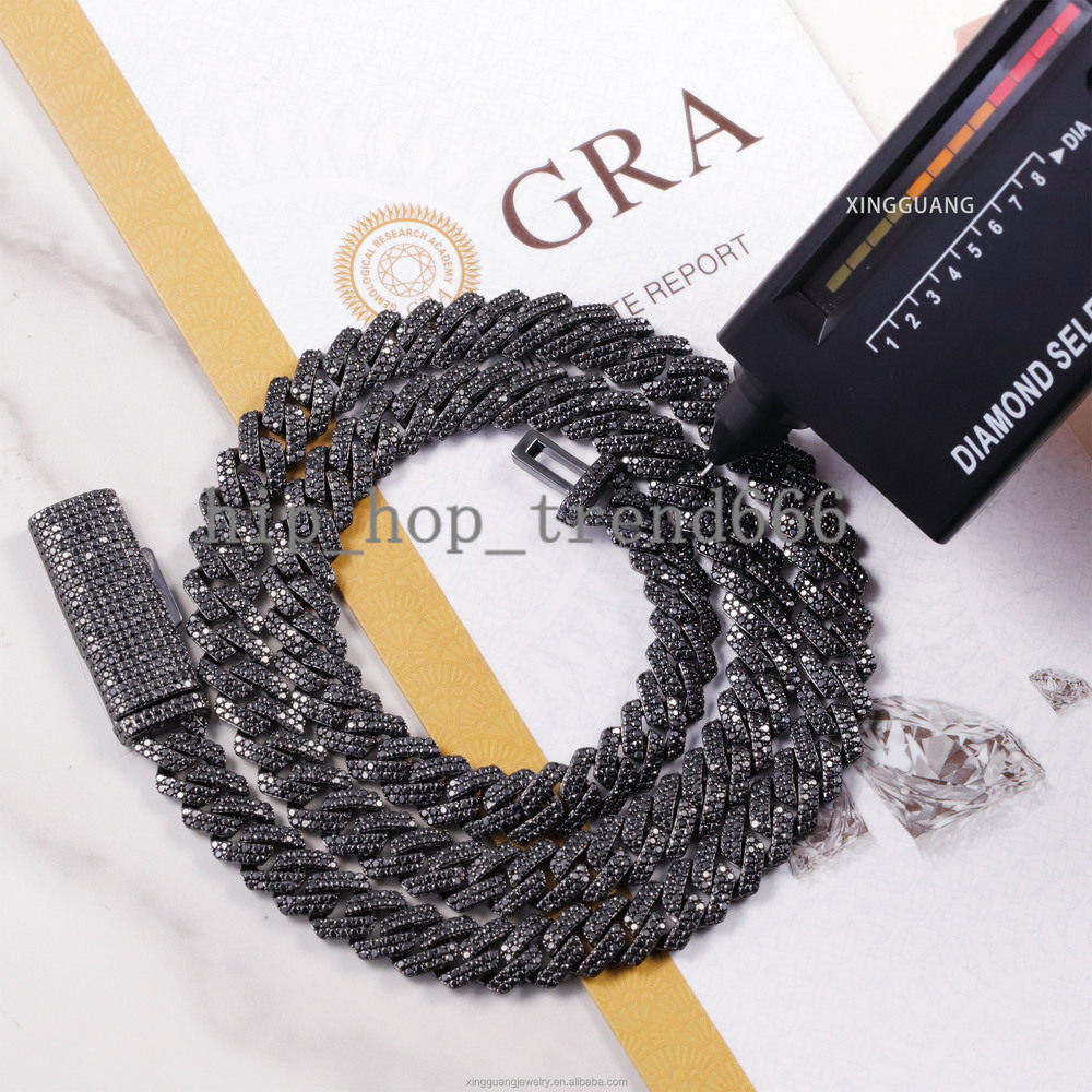 Popular VVS Black Diamond Chain for Men 2rows 10mm 12mm S925 Black Plated Iced Out Moissanite Cuban Link Chain Hip Hop Necklace
