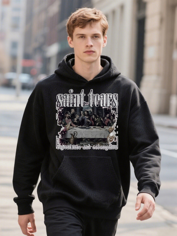 Men s Casual Graphic SAINS SINNERS Print Black Crew Hoodie Style Blend