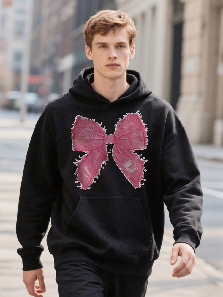 Men S Casual Crew Hoodie With Pink Bow Print Knit Fabric Slight Stretch Regular Fit Op