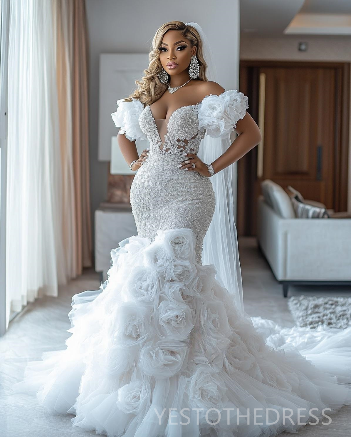 Arabic Aso Ebi Ivory Wedding Dress 2025 Mermaid Bridal Gowns For Bride Off Shoulder V Neck Sexy Flora Tiered Tulle Charming Wedding Gowns D600
