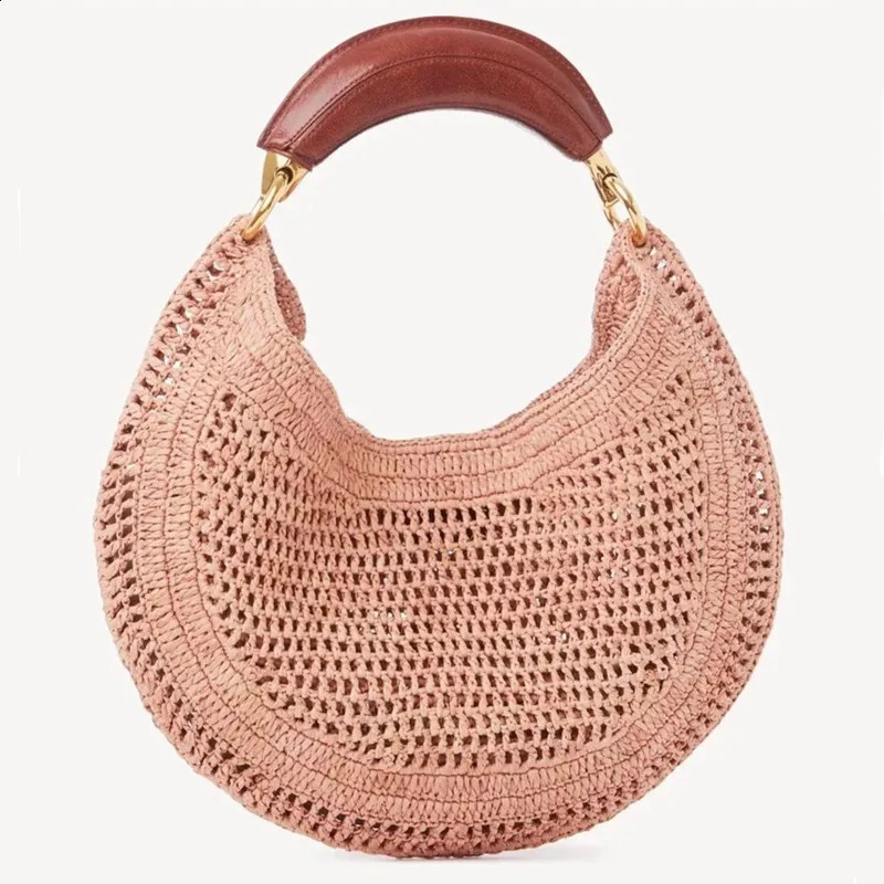 Handmade Raffia Crescent Bag 2025 Fashion y Women Leather Handle Handbag Retro Straw Woven Underarm Bag 250811