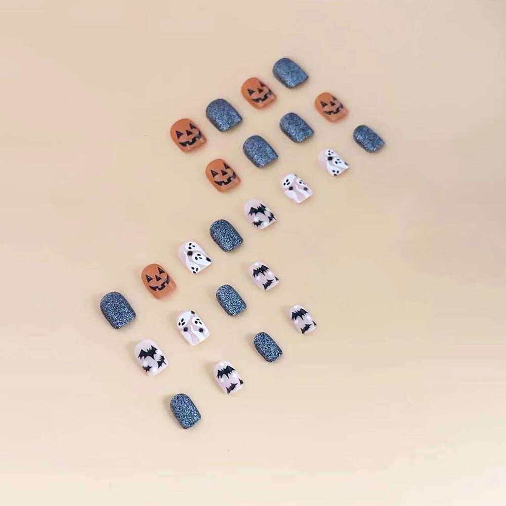 24pcs Halloween Fake With Black Ghost Bat Pumpkin Design Wearable Colorful Glitter Short Square False Press On Nails X250816