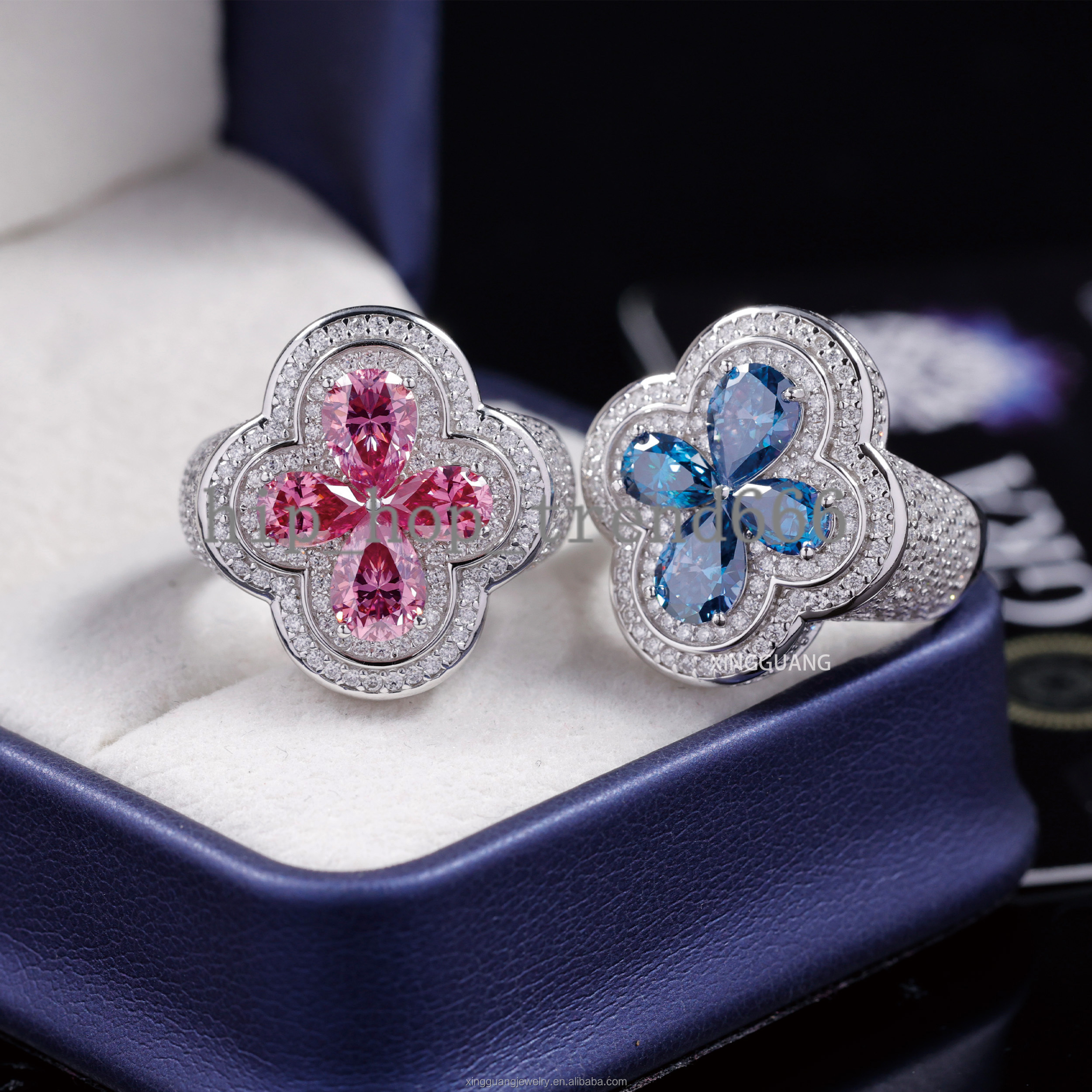 Factory Wholesale New Arrival S925 Silver Ring Shiny Pink Moissanite Blue Moissanite Ring Hip Hop Jewelry Clover Ring