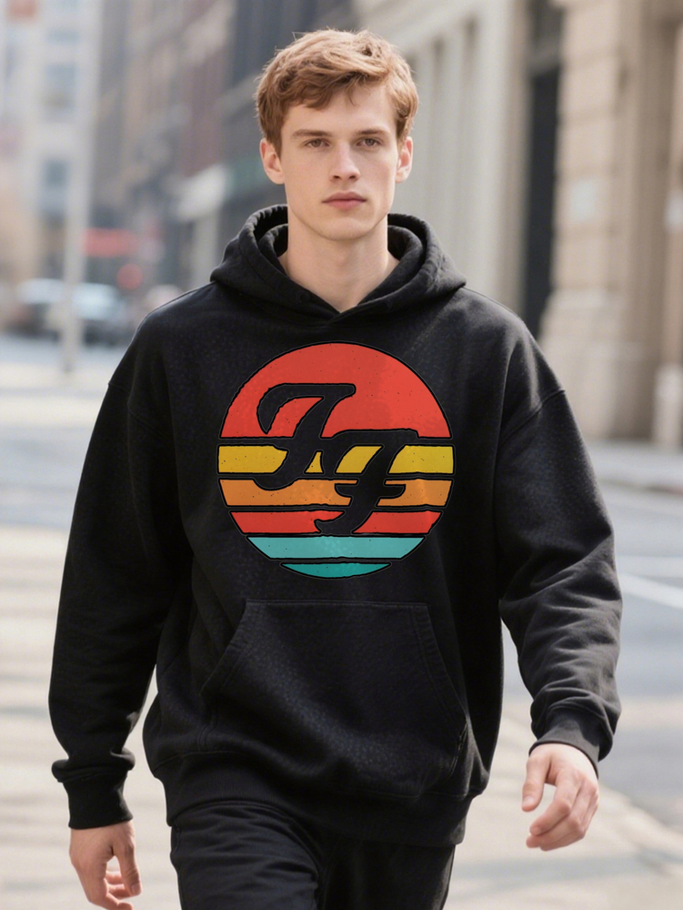 Retro Graphic Crew Black Casual with Colorful Hoodie Striped Design, Washable Blend