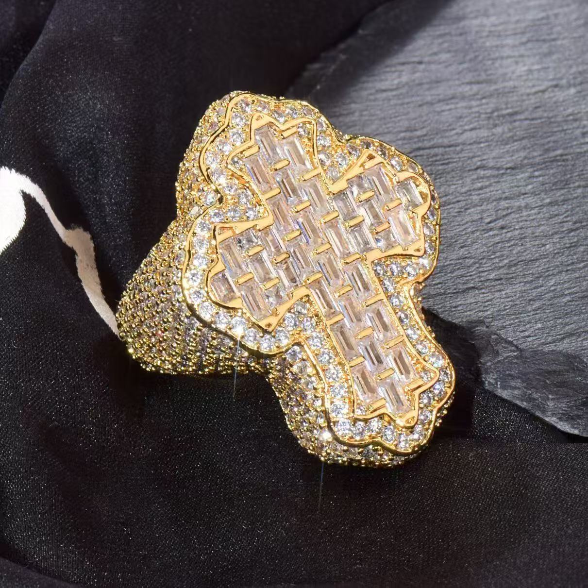 Men's Hip-Hop Style Gold Ring with Ice Set Baguette-Cut Moissanites - Pass Dia Tester Design