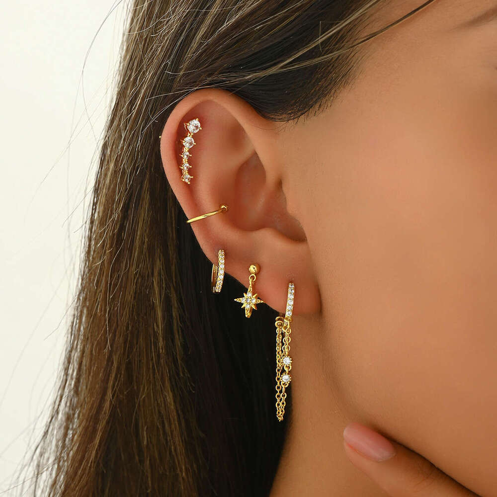 Ins Style Niche Design Inlaid with Zircon Star Versatile Ear Bone Stud Set Simple Earrings