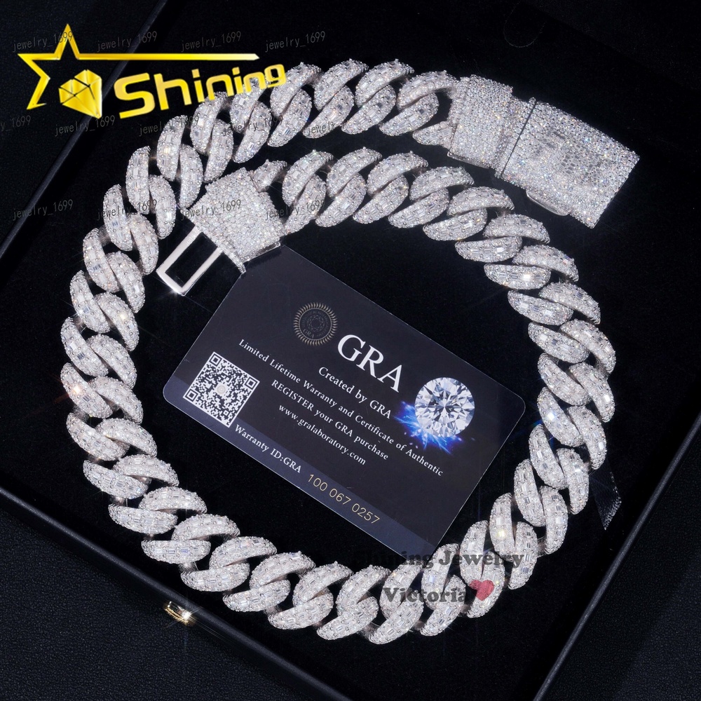 22MM S925 Solid Silver Iced Out Hip Hop Jewelry Moissanite Diamond VVS Miami Cuban Link Chain Mosaic Cuban Chain